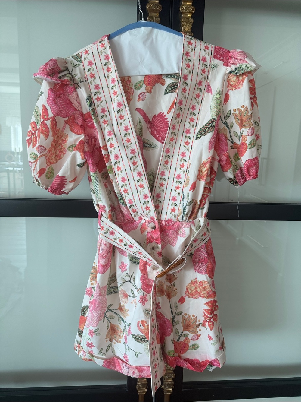 Floral V-Neck Puff Sleeve Tunic with Waist Tie - Pink & Cream